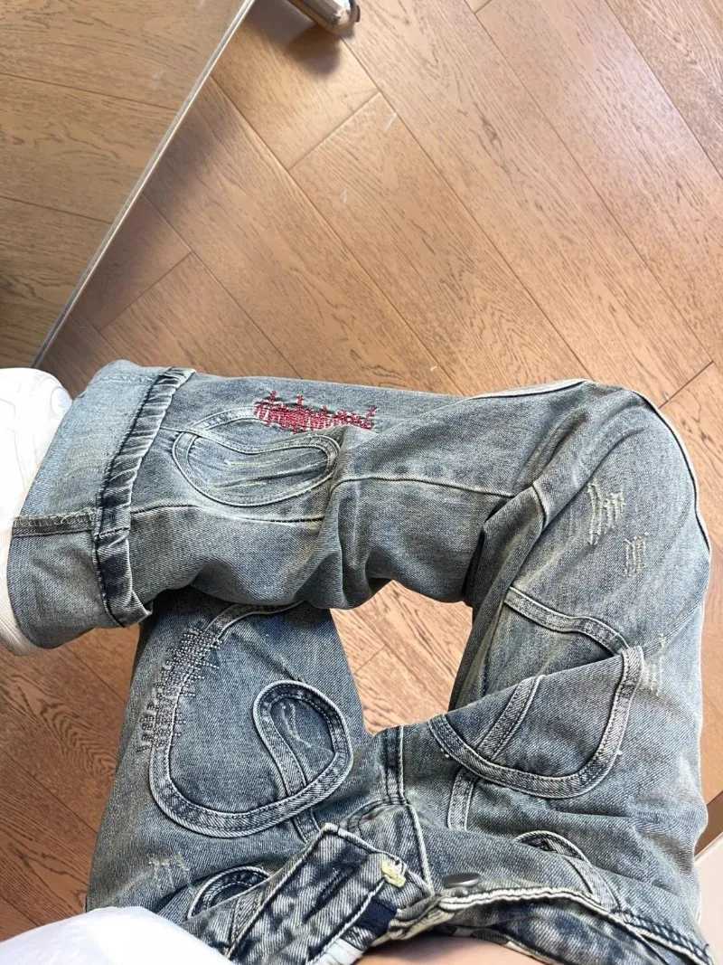 American High Street Heavy Industry Embroidered MicroLa Washed Jeans Women Y2K New Vintage Design Sense Small Tide Pants Z250910