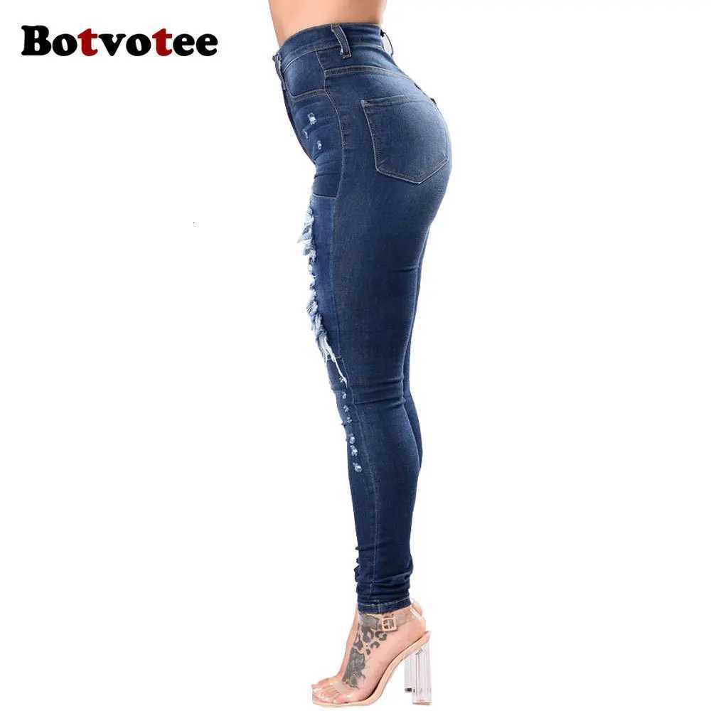 Botvotee Ripped Skinny High Waisted Pencil Jeans for Women Casual Y2K Streetwear Denim Pants Dark Blue Elastic Jeans Woman Z250910