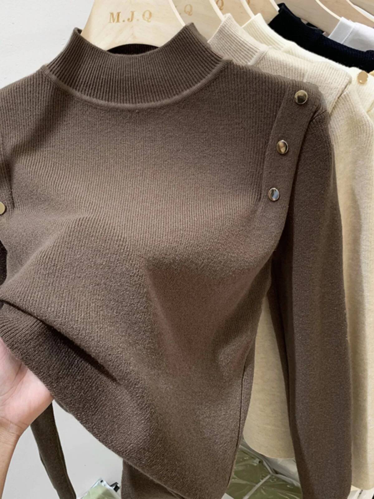 AOSSVIAO 2025 Button Turtleneck Knitted Sweater Pullovers Autumn Winter Basic Women Sweaters Fit Soft Warm Tops dongdumaoyi