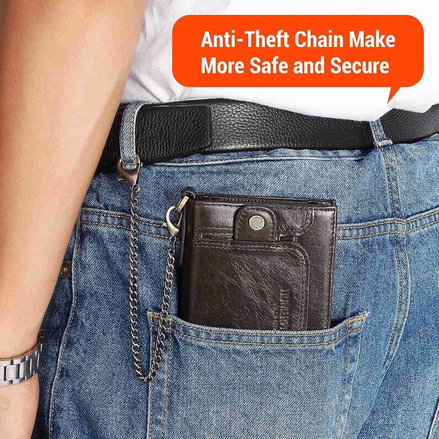 Chain Wallet for Men Genuine Leather Bifold Wallets Rfid Blocking Men Purse with Zipper Coin Pocket CoffeeZ250910