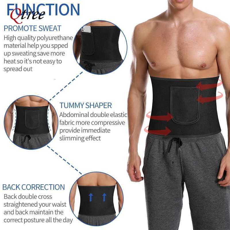 Qtree Men Sauna Sweat Belt Body Shaper Waist Slimming Bandage Wrap with Pocket Abdomen Belly Tummy Control Shapewear W250910