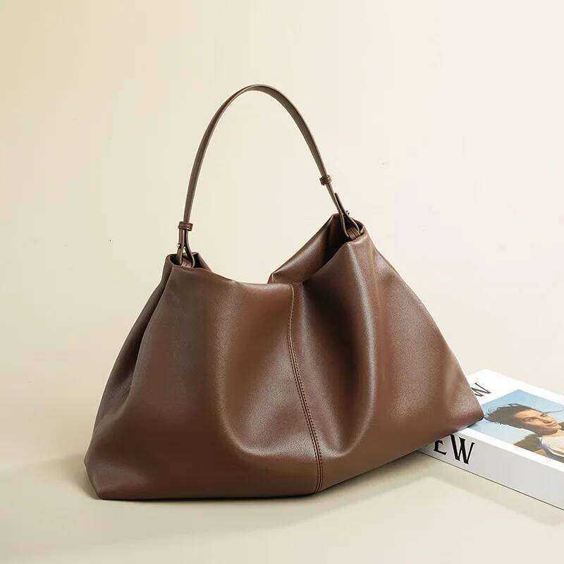 Business Huge Travel Tote Coffee Brown Color Slouchy Style Soft Cowhide Leather Women Shoulder Bag Work Handbag