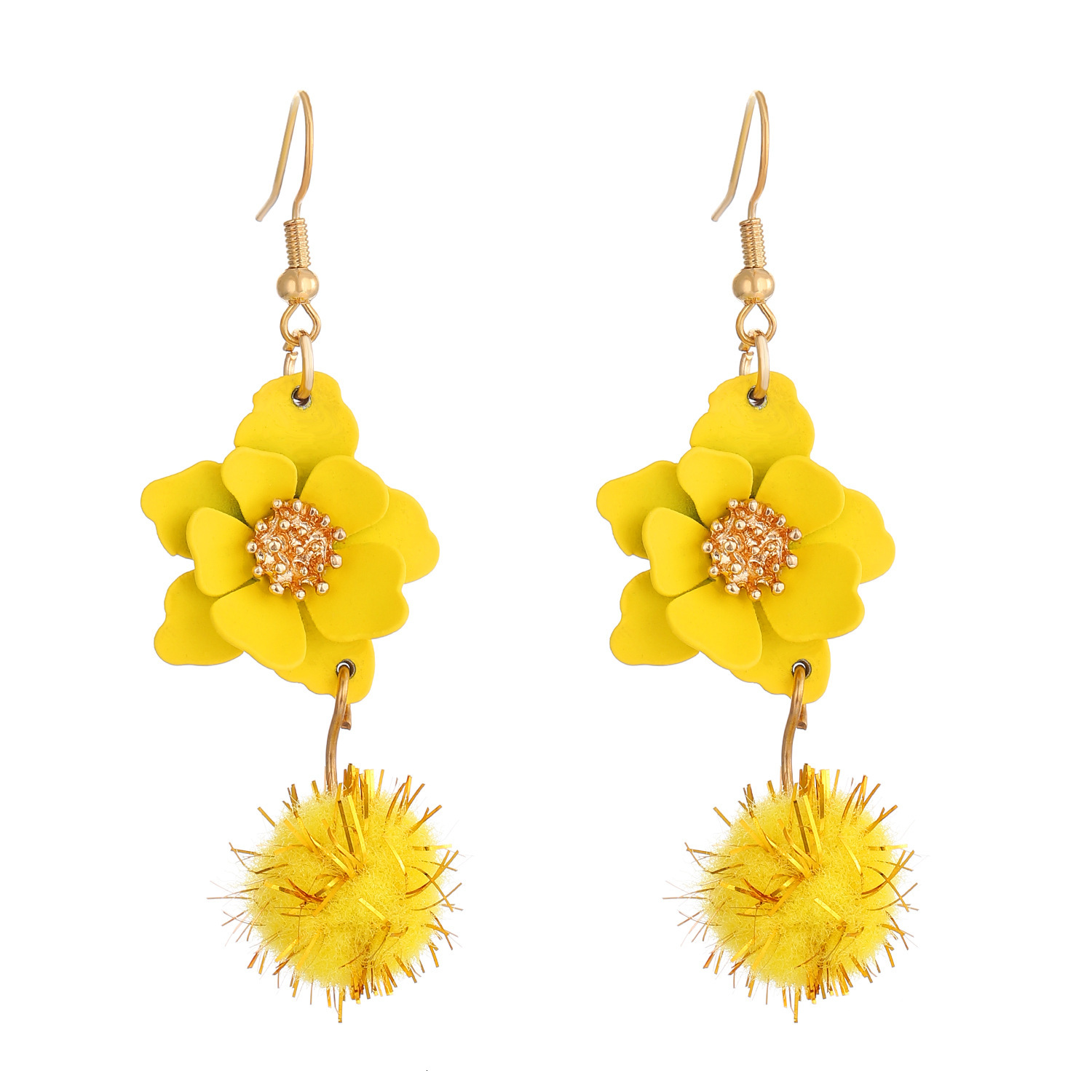 New Colorful Matte Flower For Women Creative Design Gold Thread Pom-Pom Petal Drop Earrings