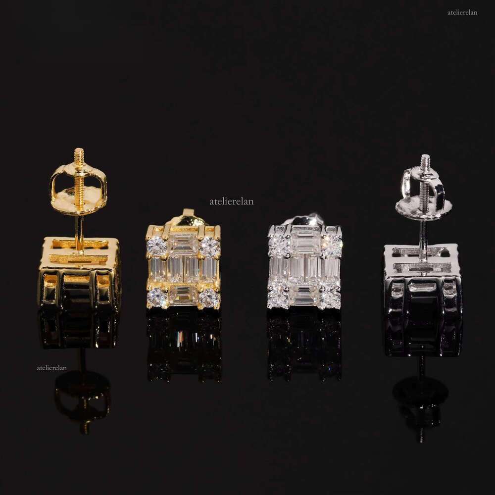 Jewelry Sier Emerald Cut Moissanite Dia Bling Special Design Iced Out Square Stud Earrings for Men
