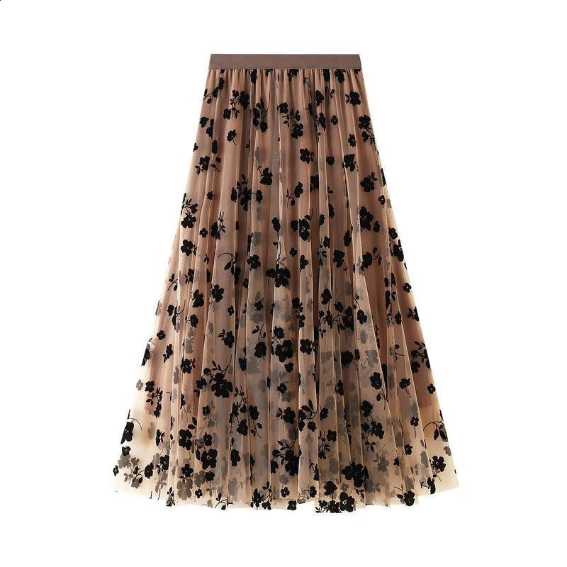 Elegant Floral Women Tulle Skirts High Waist Korean Flocking Pleated Midi Mesh Summer Office Ladies Skirt 250910
