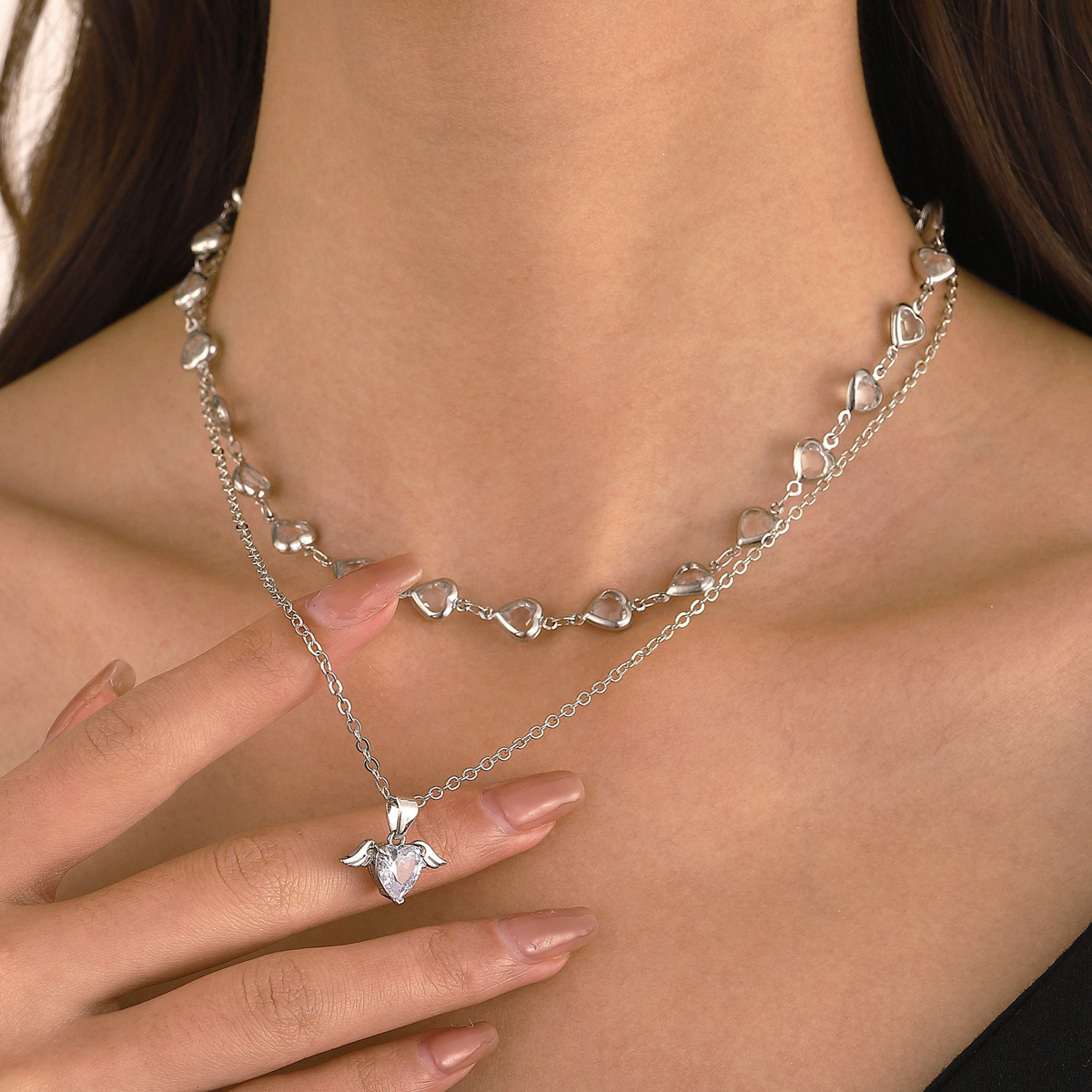 New Heart Wings Necklace For Women Ins Cool Style Creative Design Heart-Shaped Stacked Collarbone Chain