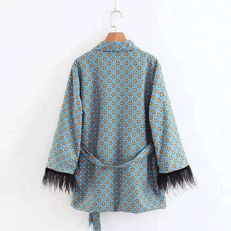 Designer Clothing 2025 Women Set Spring Fashion Blue Printed Kimono Jacket With Feather Sleeves Wide Leg Pants Two Piece Vintage Elegant Ladies Suits