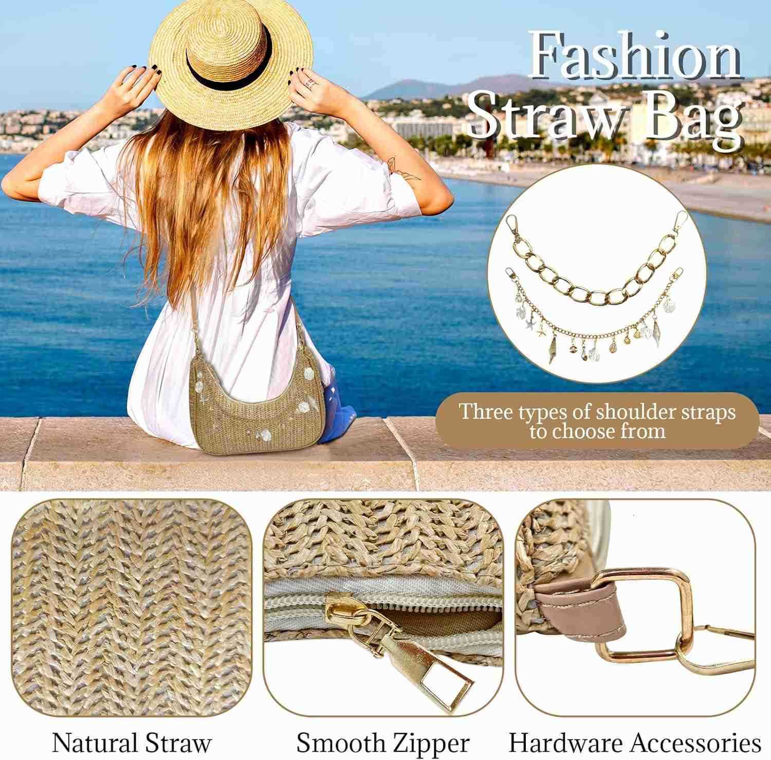 Beach Purse Straw Shoulder Bag for Women Summer Purse with Shell Pearl Bag Charms 2Pcs Detachable Strap Chain M250910