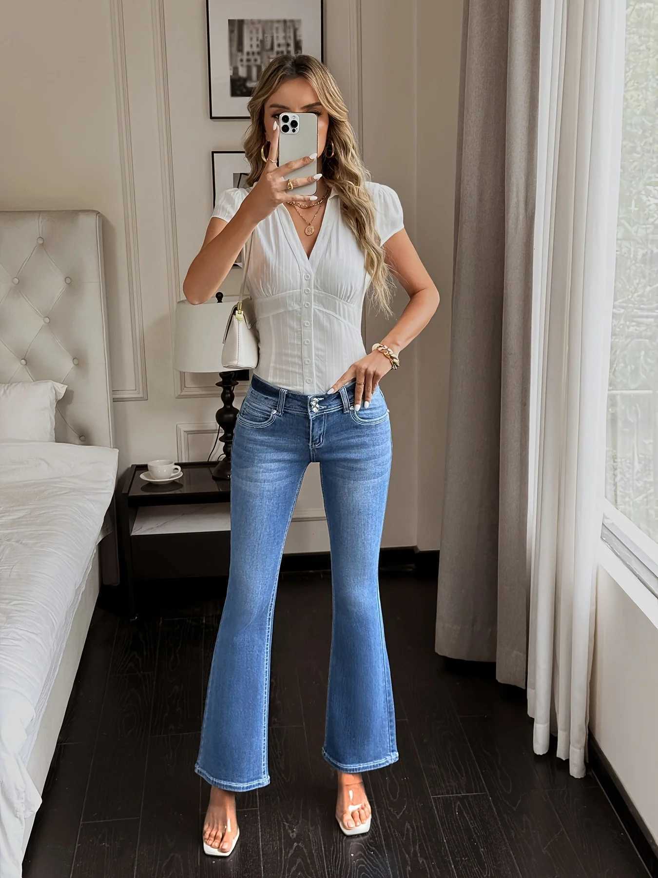 Women High Waist Skinny Flare Jeans Vintage Retro Slim Fit High Stretch Breathable Embroidered Denim Pants Petite Casual Z250910