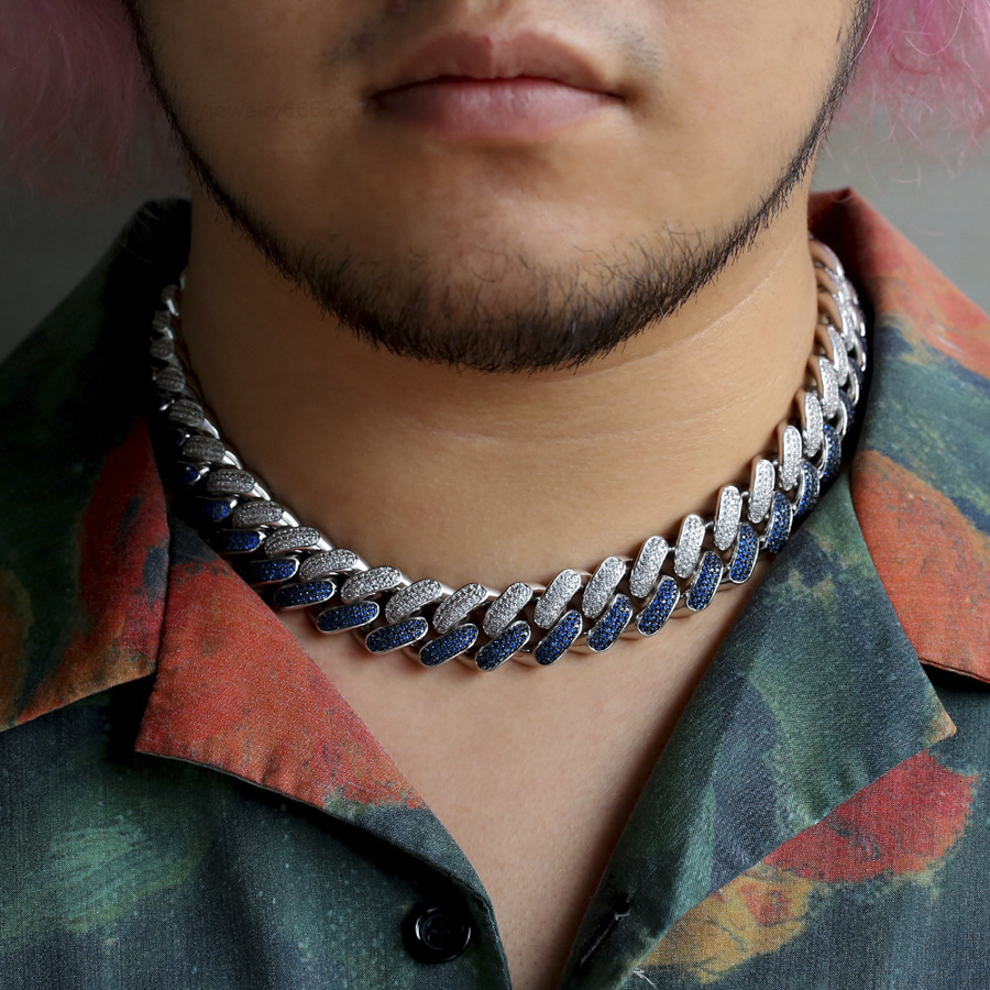 KRKC Wholesale 18mm White and Blue Two Tone Plating Prong Iced Out Necklace 5A 3 Rows CZ Two Tone Cuban Link Chain