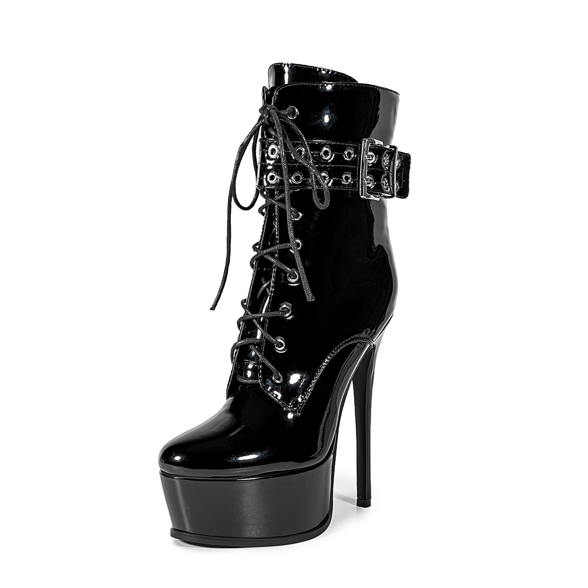 Chengdu Artisan Platform Stiletto Ankle Boots - Buckle and Stud Detail Fashion Boots (Black) Chunky Heel Women's Boots