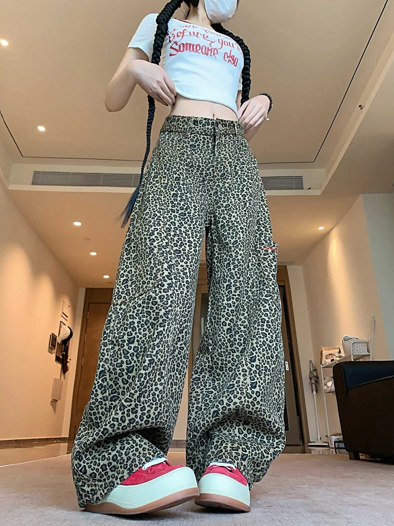 Botvotee Baggy Leopard Print Jeans for Women Retro American High Waisted Y2k Denim Pants Hip Hop Straight Wide Leg Cargo Jeans Z250910