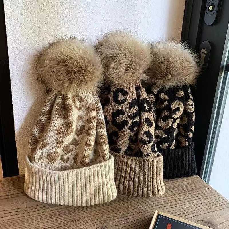 Women Knit Beanie Winter Warm Slouchy Hat with Leopard Print Faux Fur Pom Folded Brim Skull C for WomenXJ250910