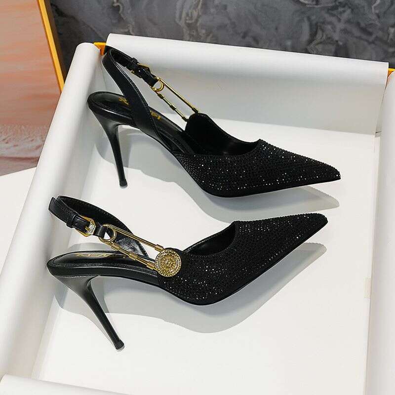 P7 Summer New Baotou Sandals Women's Rhinestone Pointed Toe Shoes Temperament Lady High Heels Black Half Slippers