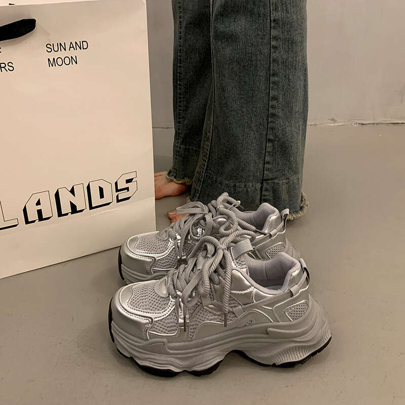 Thick-Soled Dad Sneakers for Women 2025 Spring and Autumn New Mesh Breathable Women's Silver Height-Increasing Casual Sports Shoes