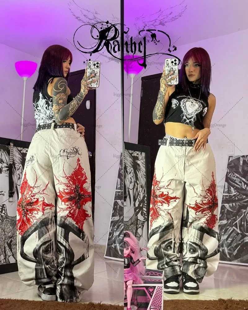 Harajuku Y2K Streetwear Trousers Women Vintage Retro Rock Baggy Jeans Gothic Punk Cross Print Straight Pants High Waisted Jeans Z250910