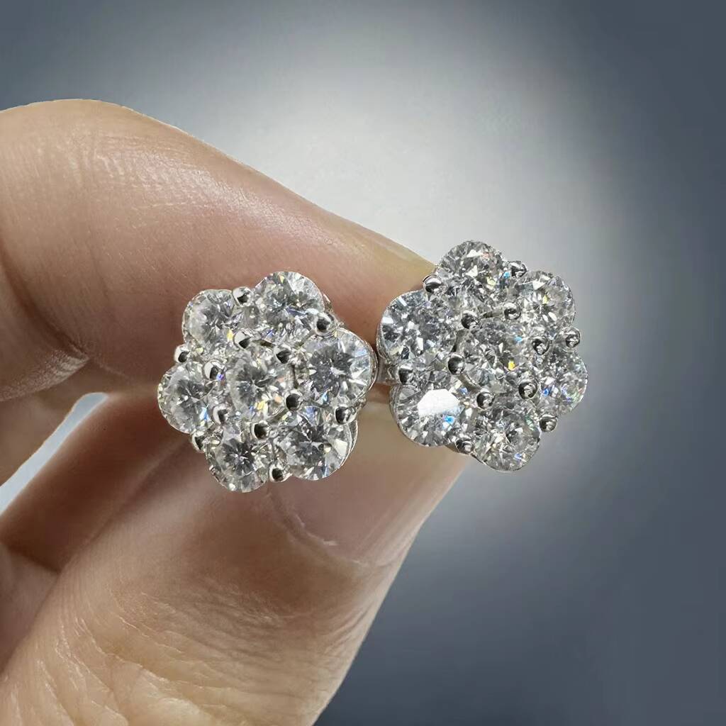 Luxury Cluster Flower S925 VVS Moissanite Stud Earrings 925 Sterling Silver with GRA Certificate for Mens Hiphop Style