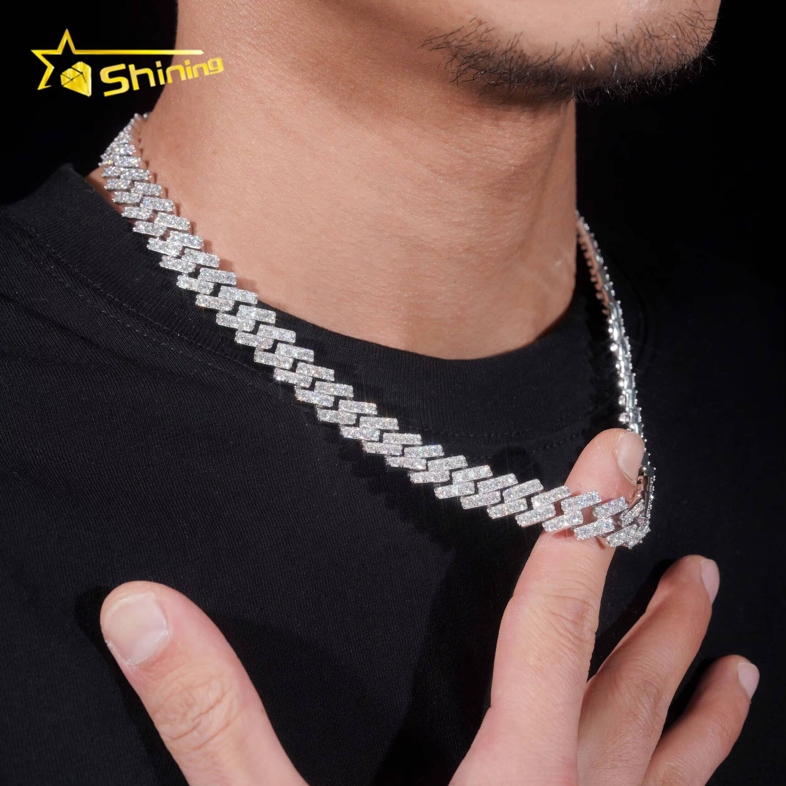 Hot Sale 13mm Single Rows Vvs Moissnaite Iced Out Hip Hop Jewelry Moissanite Cuban Chain Sterling Silver 925 Gold Plated Chain