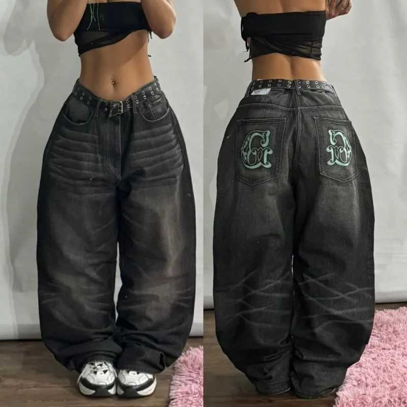 American New Fashion Geometric Pattern Embroidered Baggy Jeans Women Y2K Harajuku Vintage Hiphop Popular Casual Wideleg Pants Z250910