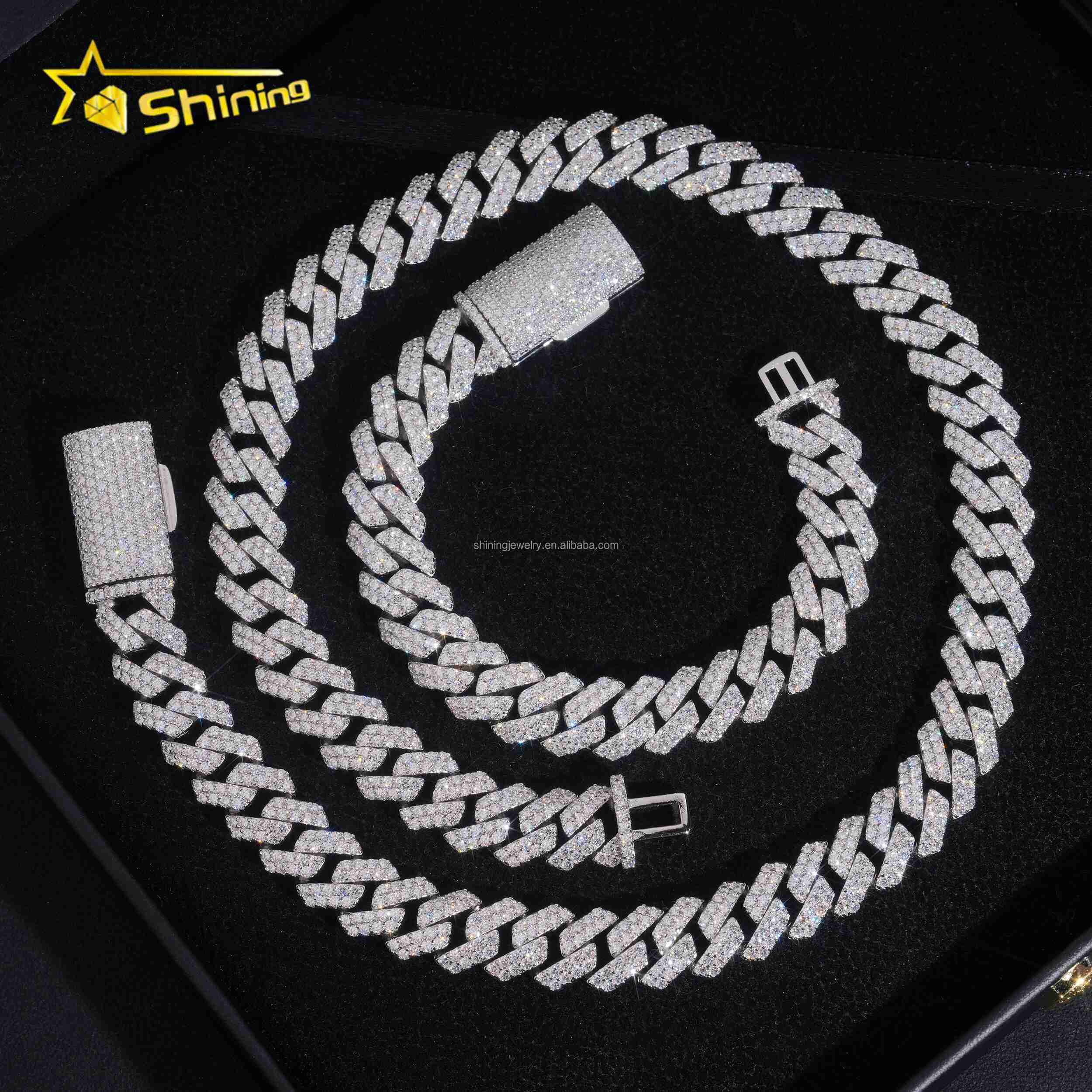 In Stock Luxury Jewelry Prong Setting 12mm Two Rows Iced Out Moissanite Diamond White S925 Sterling Silver Cuban Link Chain