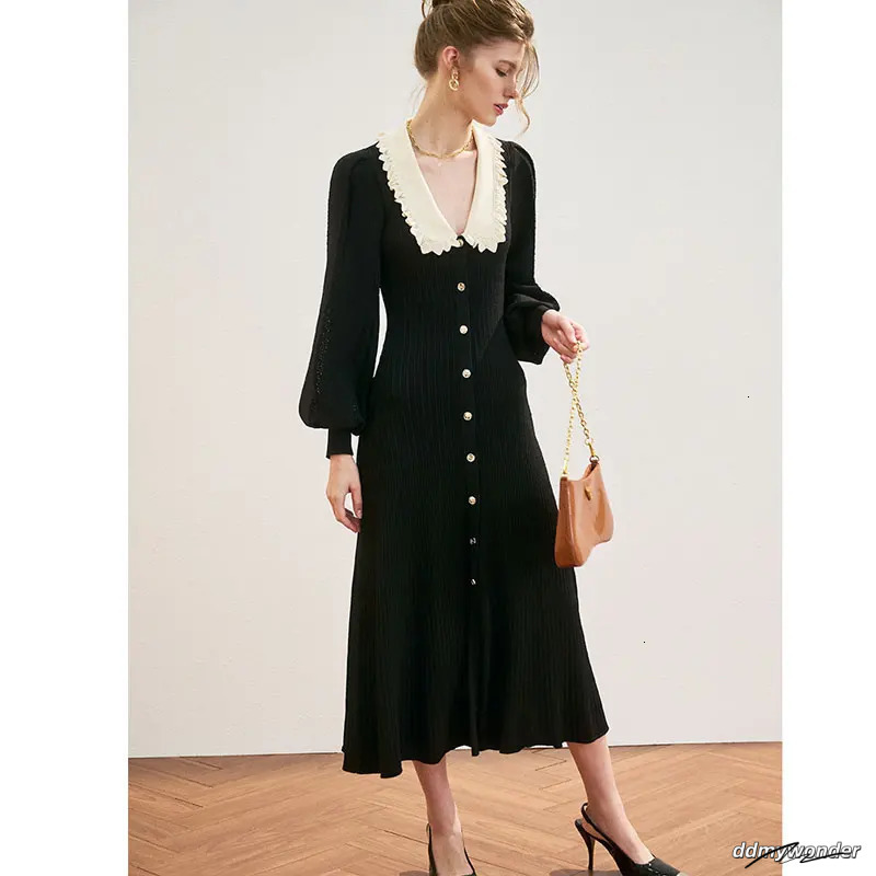 Vintage Knitted Long Sleeve From Korea Elegant Autumn/Winter Sweet Peter Pan Collar A-Line Womens Button Black Midi Dress Fashionable 241125 ddmywonde