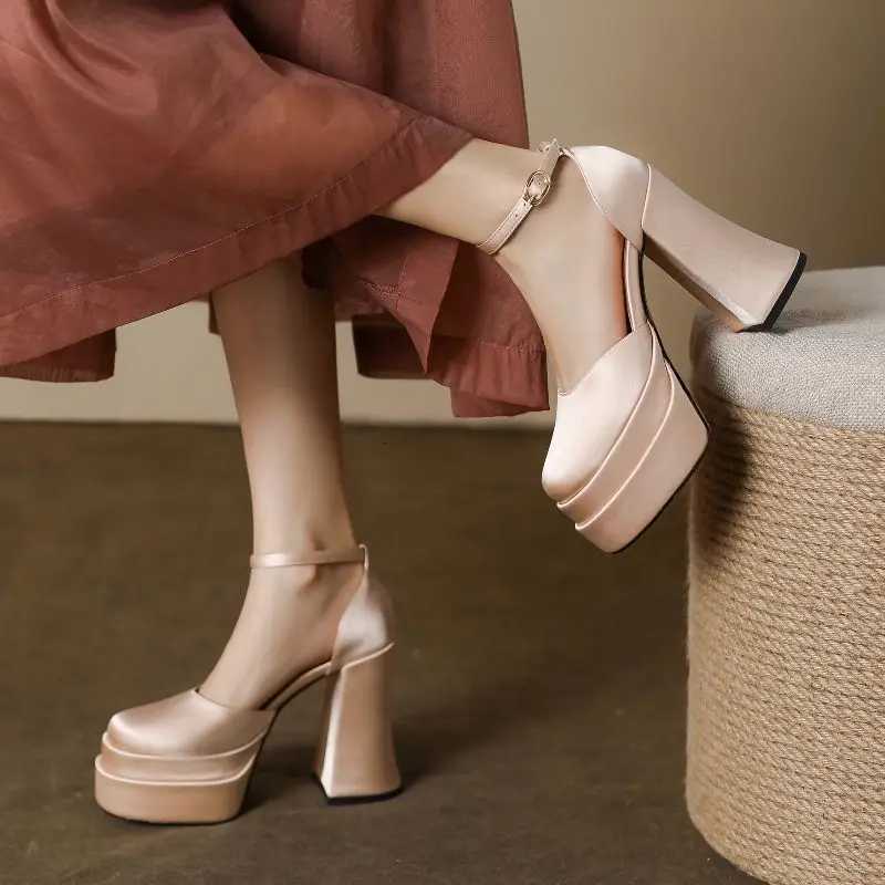 2025 Mary Jane Block Heels High Quality Womens Satin Ultra High Heels Thick Sole Round Toe Ankle Straps Party Wedding Shoes W250910