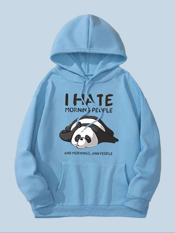 Women's Cartoon Panda Letter Print Drop Shoulder Hoodie, Fashion Casual Drawstring Pocket Hooded Sweatshirt Daily Holiday Outdoor Wear, Women Clo