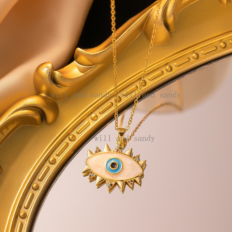 Non Tarnish Gold Evil Eye Necklace Charm 18K Gold Plated Stainless Steel Designer Necklaces Cubic Zirconia Hamsa Hand of Fatima Necklace for Woman Fin