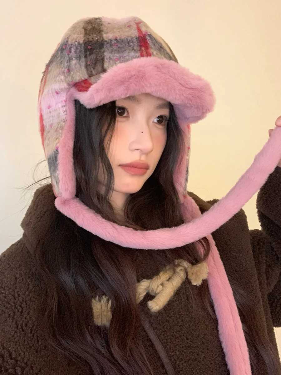Pink Mao Zedong Style Hat With Stripes For Women Warm And Thickened Fleece Hat To Keep Ears Warm In WinterXJ250910