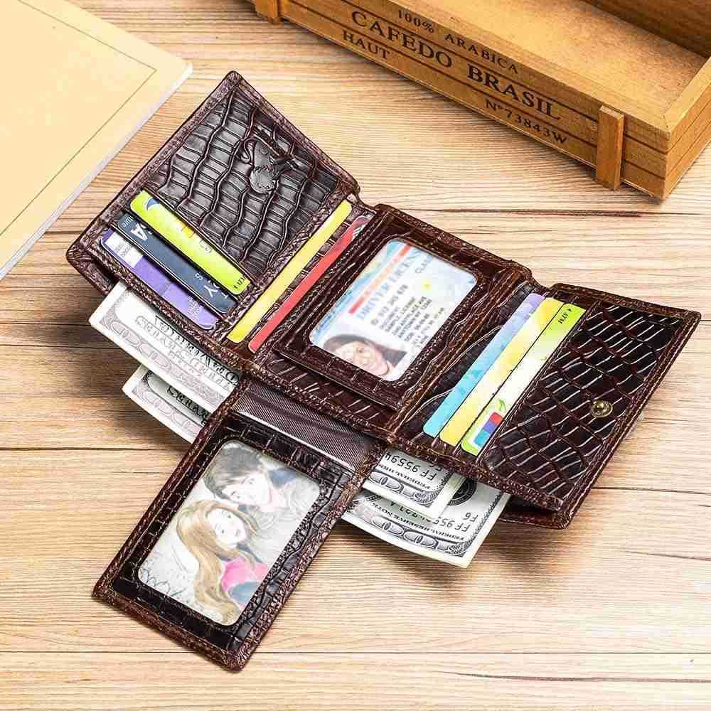 Genuine Cowhide Leather Mens Wallet CrocodileEmbossed Design with Large ID Window 15 Card Slots Builtin Zippered Coin Pocket Includes AntiTheft ChainZ