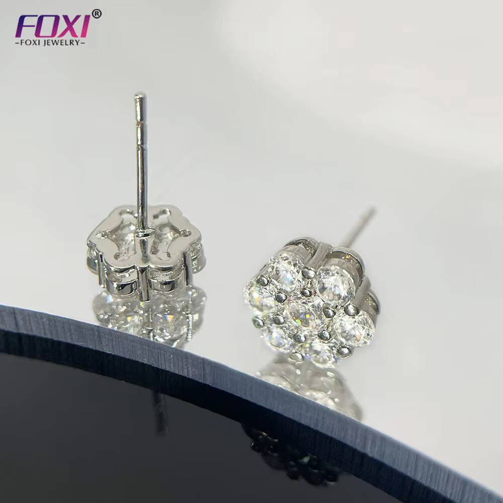Hot Selling Gold Plated Jewelry Studs Setting Iced Out Round Cubic Zirconia Dainty Flower Stud Earring for Women Man