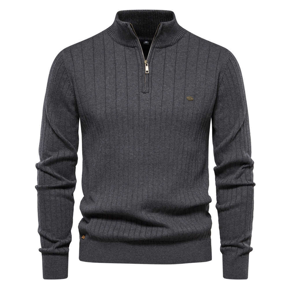 New Autumn and Winter European Style Stand Up Collar Sweater with Half Zipper, Solid Color Knit Sweater, High-Quality Men's Clothing