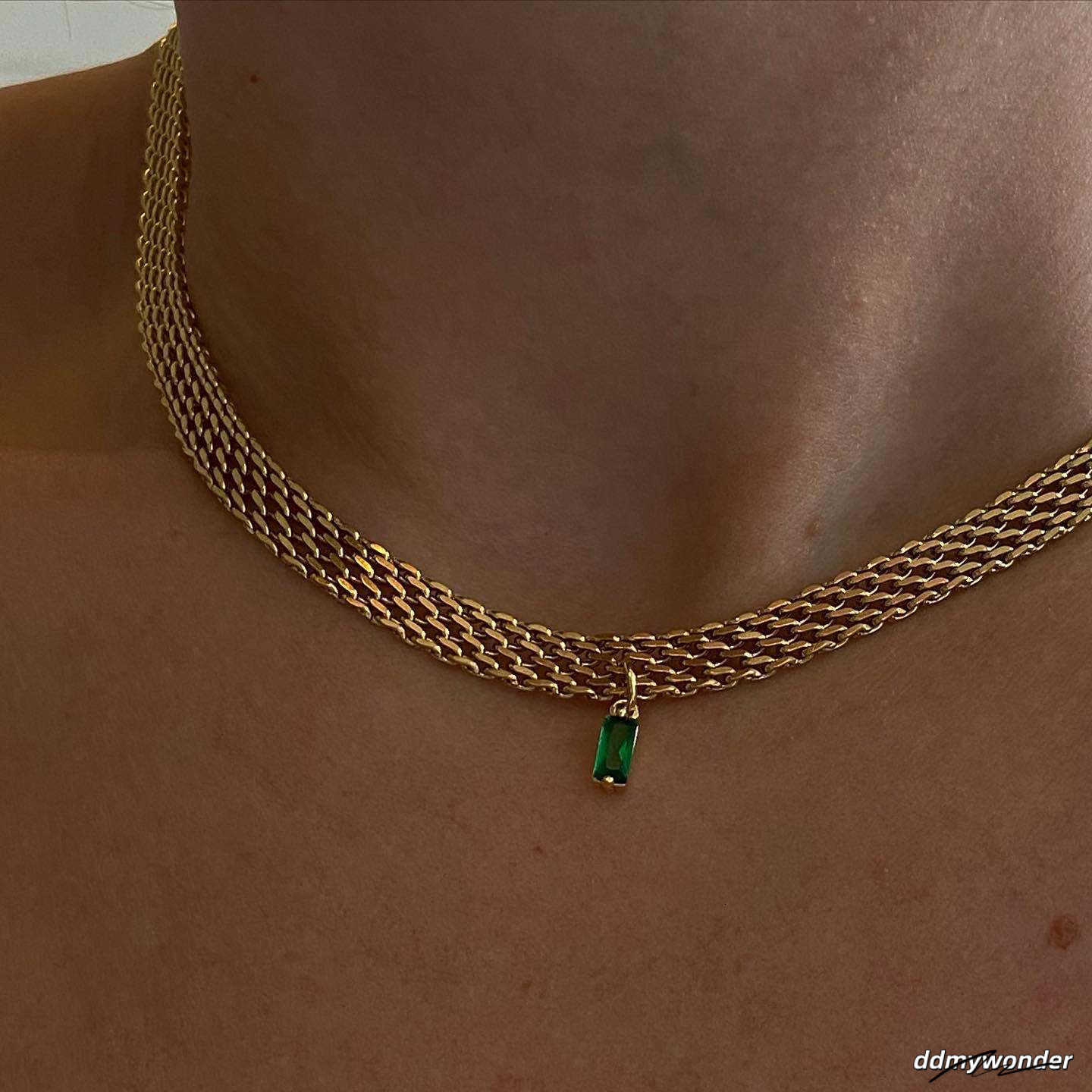 Ins Niche Gold-Plated Green Zircon Braided Collarbone Choker Necklace 250710 ddmywonder ddmywonder