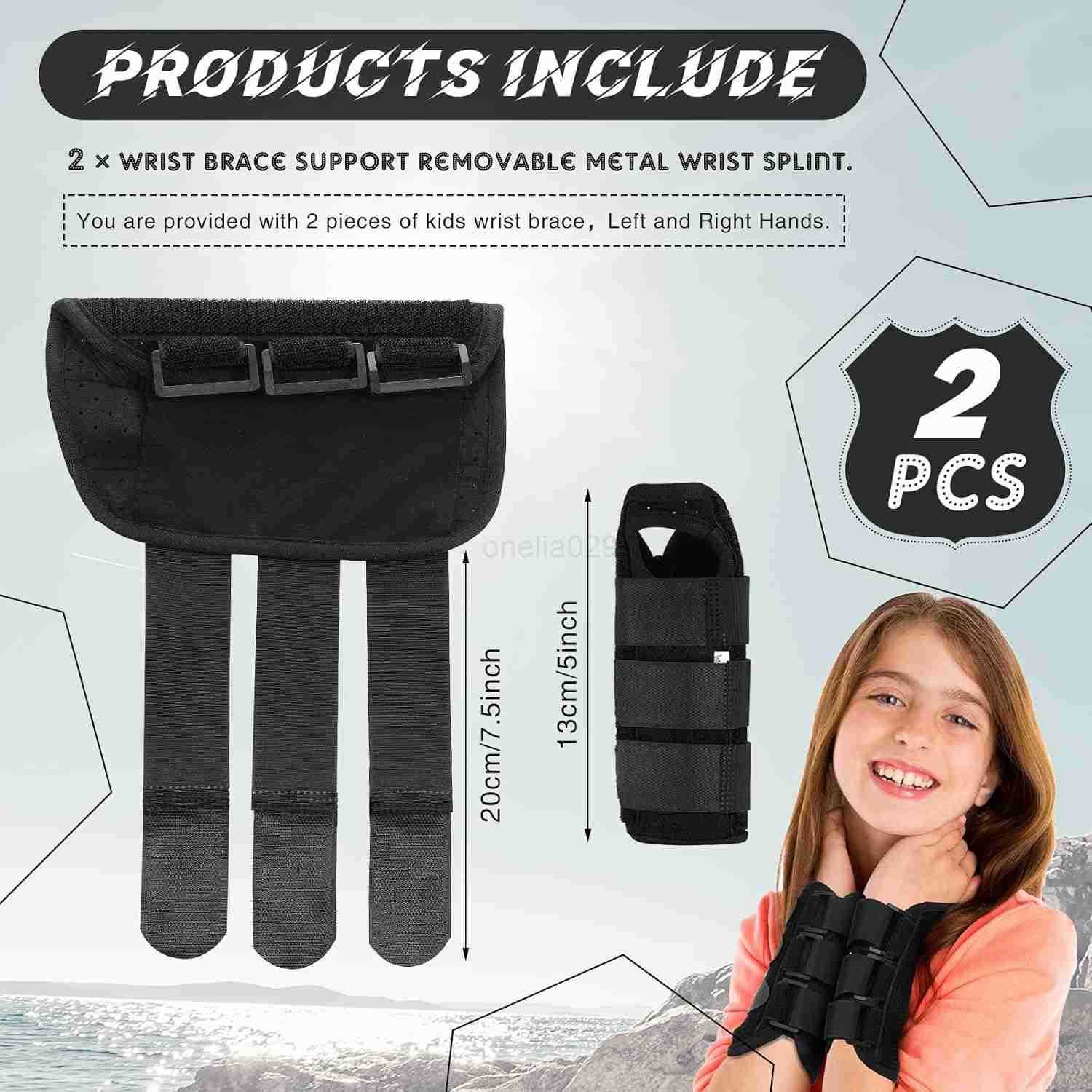 2 Pcs Wrist Brace for Kids Youth Carpal Tunnel Black Splints Wrist Brace Night Support with Adjustable Compression Straps for Children Sports Sleep Ag
