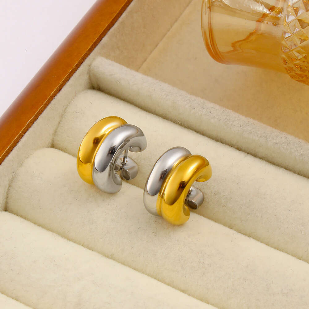 Fashion Hot-Selling Simple French Gold-Plated Non-Fading Stud Stainless Steel Two-Tone Splicing Earrings