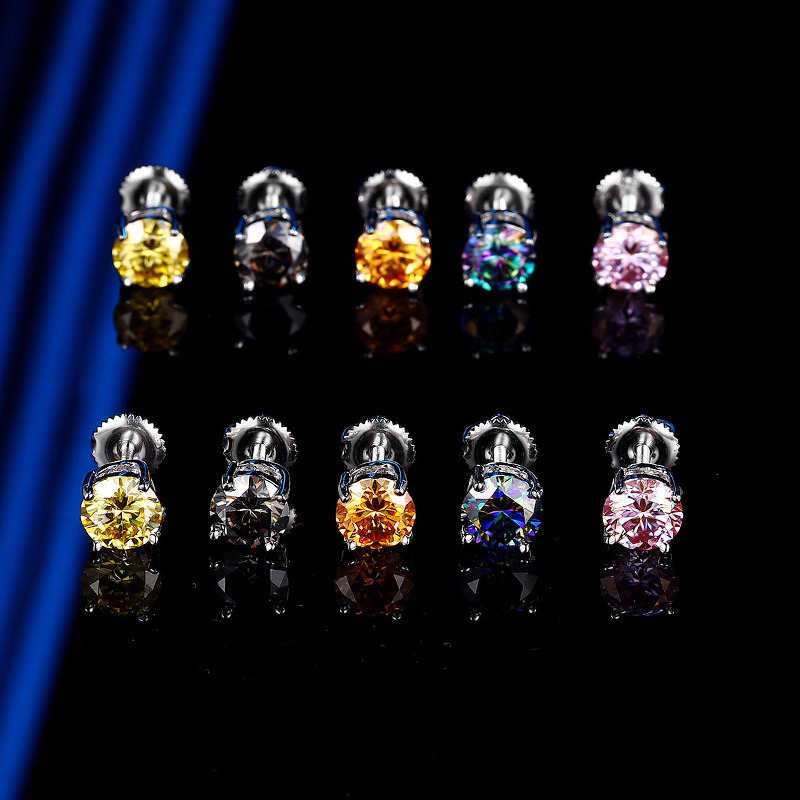 Wholesale 925 Silver Four Claw Inlaid Color Moissanite Earrings Ladies Screw Earplugs Simple Earrings