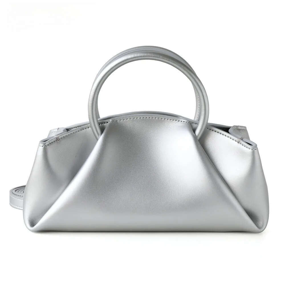 Korean Niche Circular Handheld Cloud Tote Sier Beige Color Plain Cow Leather Women Crossbody Bag Leisure Handbag