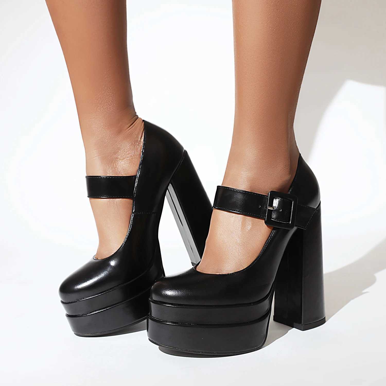 2024 Round Toe Super High Thick Heel Square Button Shallow Pumps ThreeLayer Super High Platform Breathable HighHeeled Shoes W250910
