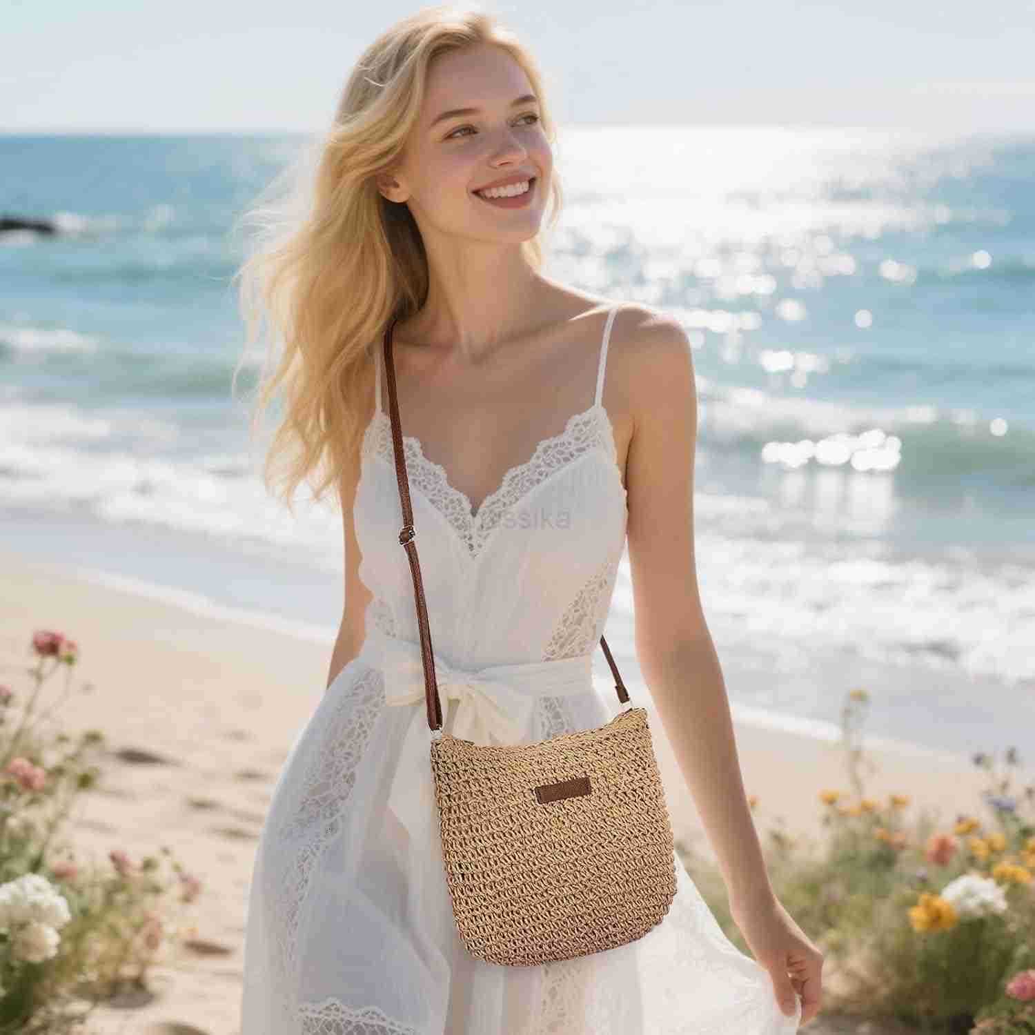 Straw Beach Bags for Women Summer Crossbody Bag Shoulder Bag Woven Purse for Vacation M250910