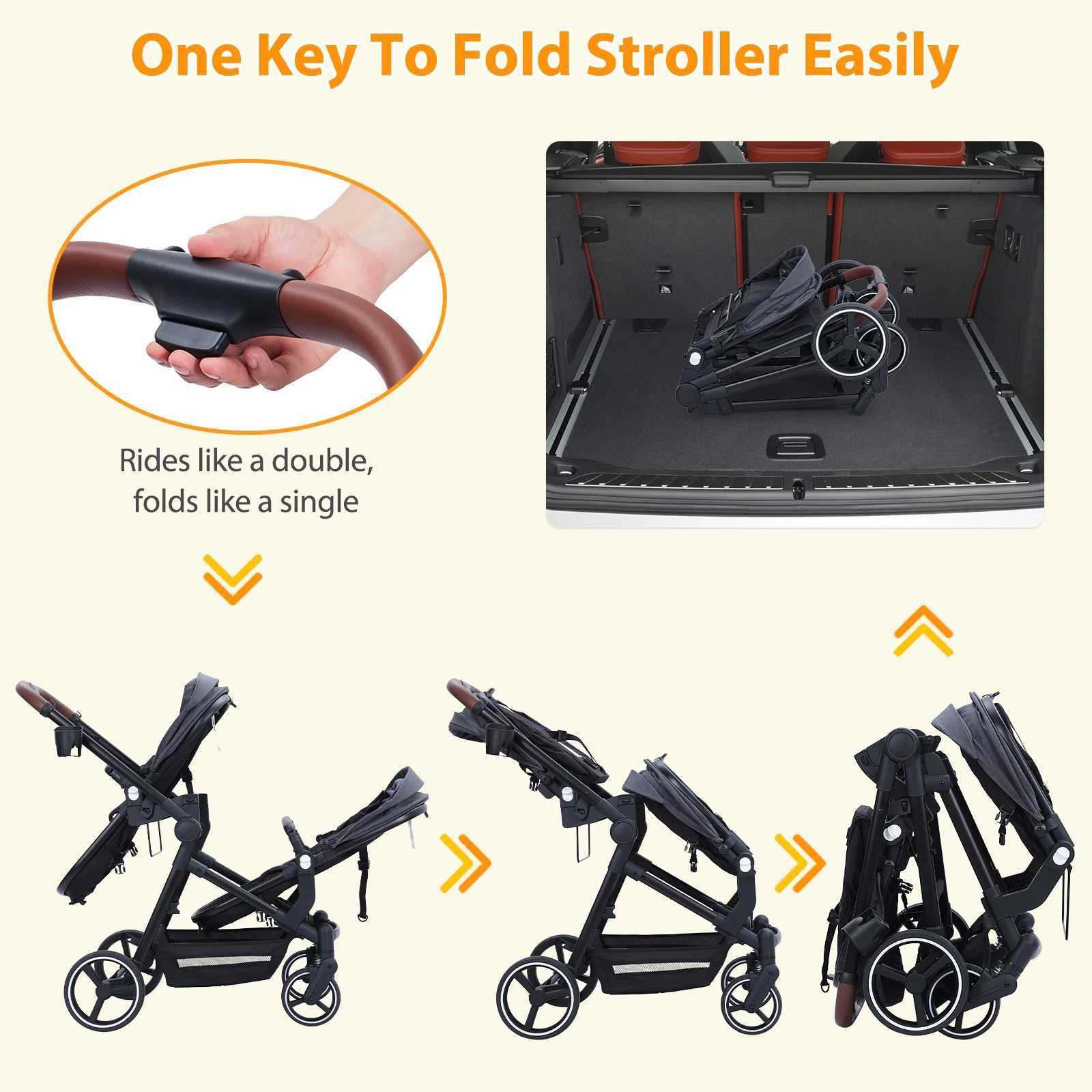 Double Track Tandem Stroller Foldable Bassinet Pram for Infant and Toddler Reversible Pushchair Adjustable Backrest Canopy W250910