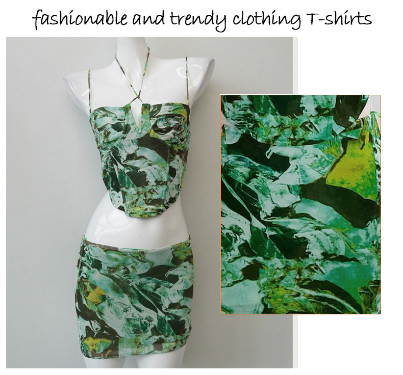 Skirts Women's Green Abstract Print Two - Piece Set: Halter Cami Top and Mini Skirt, Fashion Trendy Outfit