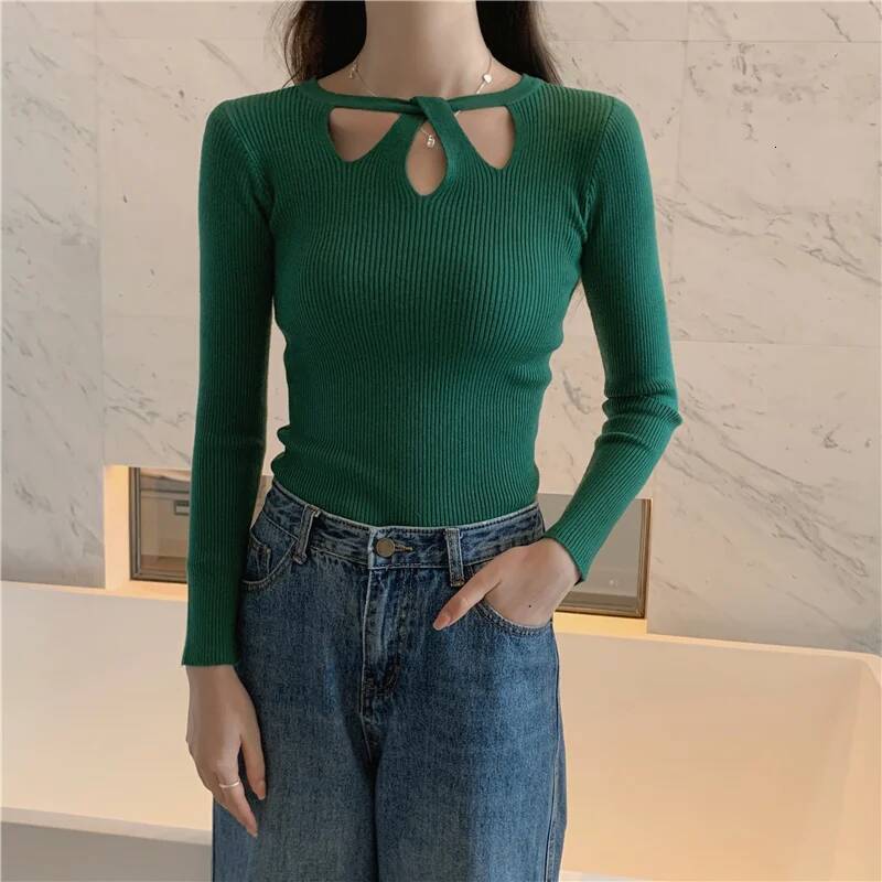 2024 New Autumn and Winter Women's Stretch Sexy Pullover Hollow Solid Color Slim Bottoming Shirt Sweater Ladies dongdumaoyi
