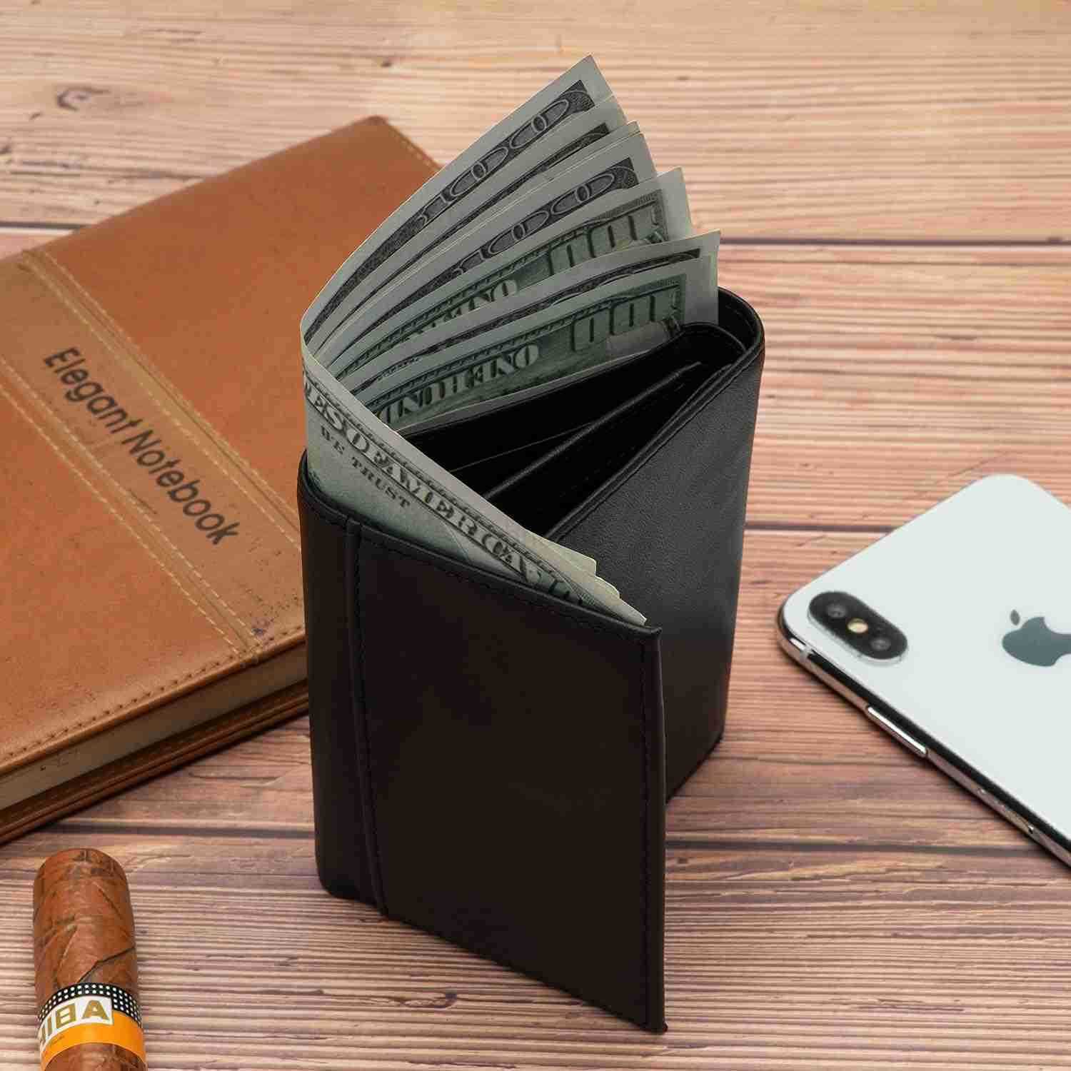 Mens Leather WalletRFID Blocking Genuine Leather Wallet for MenTrifold Wallet with 3 ID Windows blackZ250910