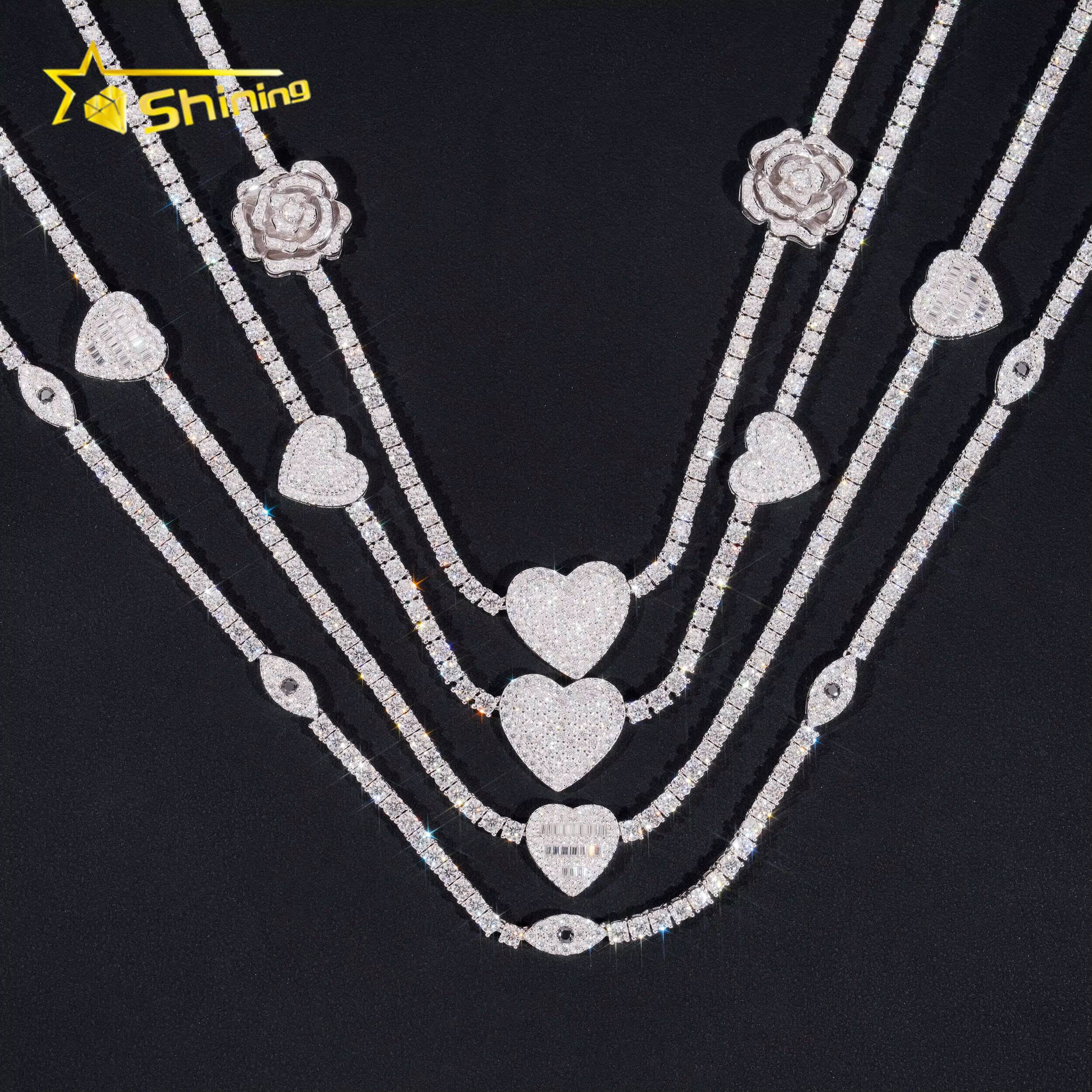 Iced Out Bling Vvs1 D Color Moissanite Diamond Tennis Chain Necklace With Heart Rose Eye Charms
