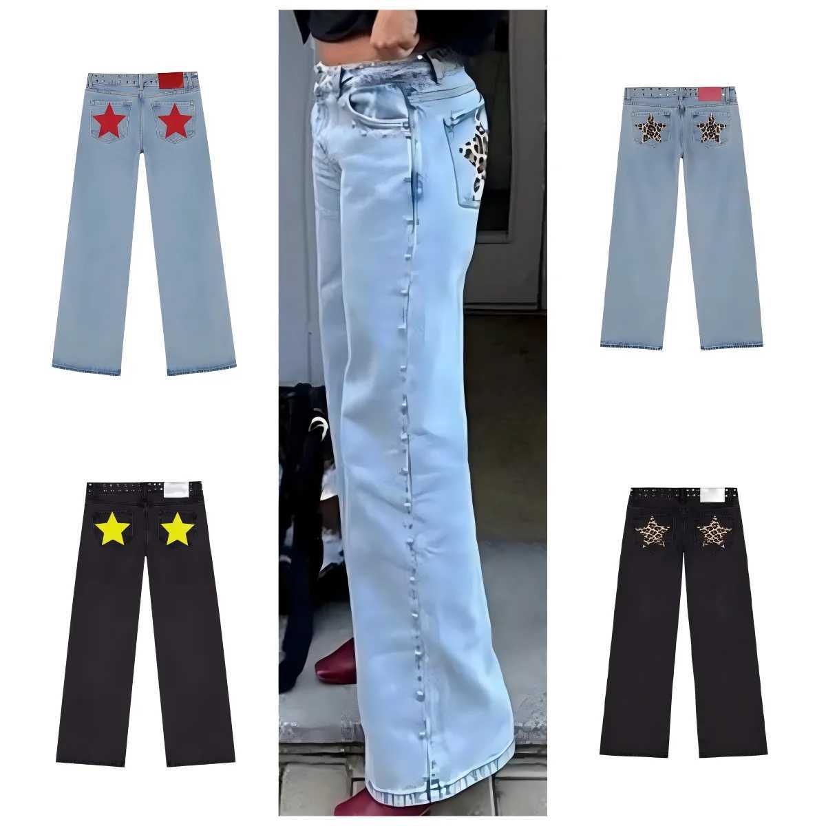 Spanish Fashion Colorful Fivepointed Star Pattern Rivet Decoration Light Blue Jeans Womens Autumn Street Hiphop Hottie Outfit Z250910