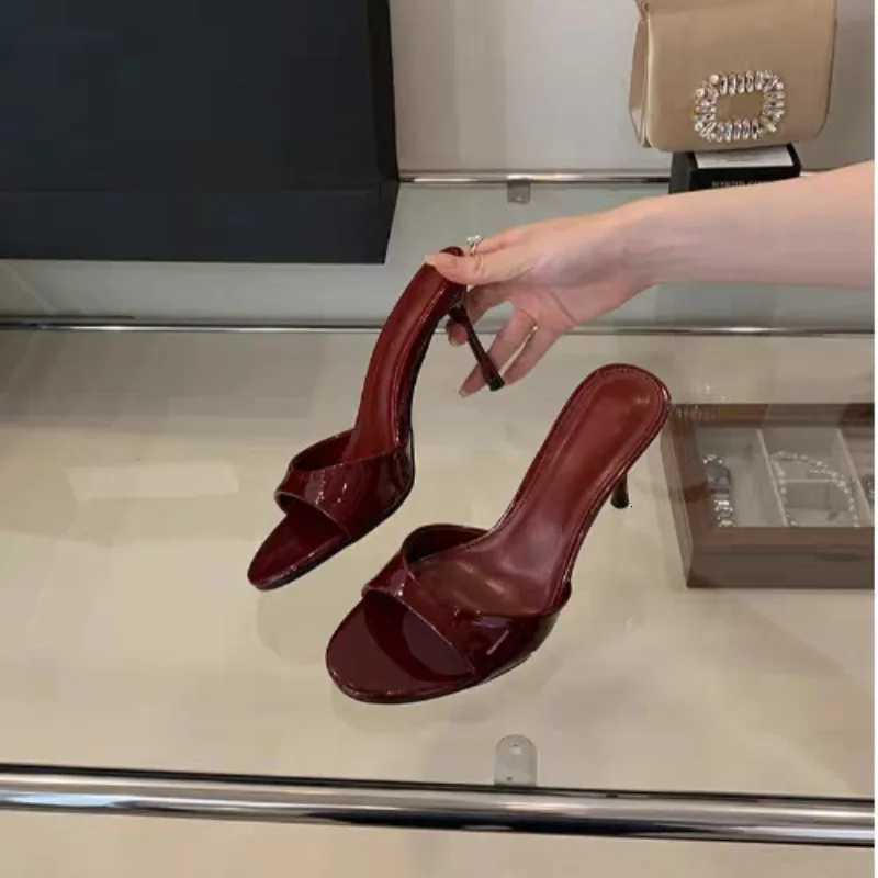 Wine Red Patent Leather Women Slippers Sandals Fashion Round Open Toe Thin High Heels Mules Slides Summer Party Dress Shoe W250910