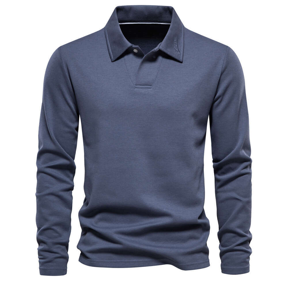 Spring Autumn New Men's Washed Long Sleeve Casual Solid Color Top with Collar, Trendy Lapel and Versatile Polo