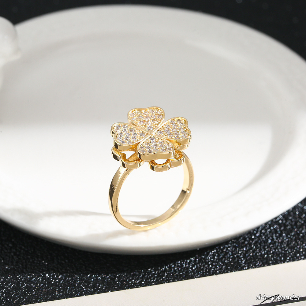 Sier-Plated Cubic Zirconia Clover Ring With Rotating Feature - Elegant Stackable Accessory ddmywonder ddmywonder