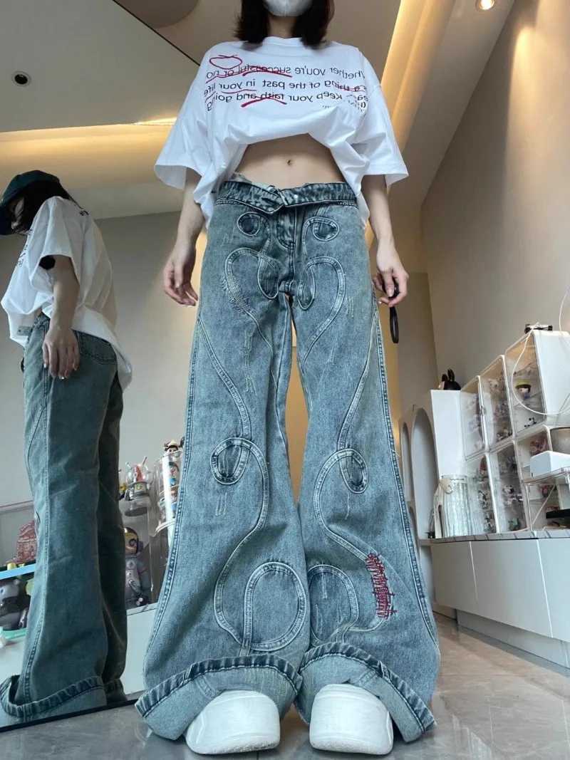American High Street Heavy Industry Embroidered MicroLa Washed Jeans Women Y2K New Vintage Design Sense Small Tide Pants Z250910