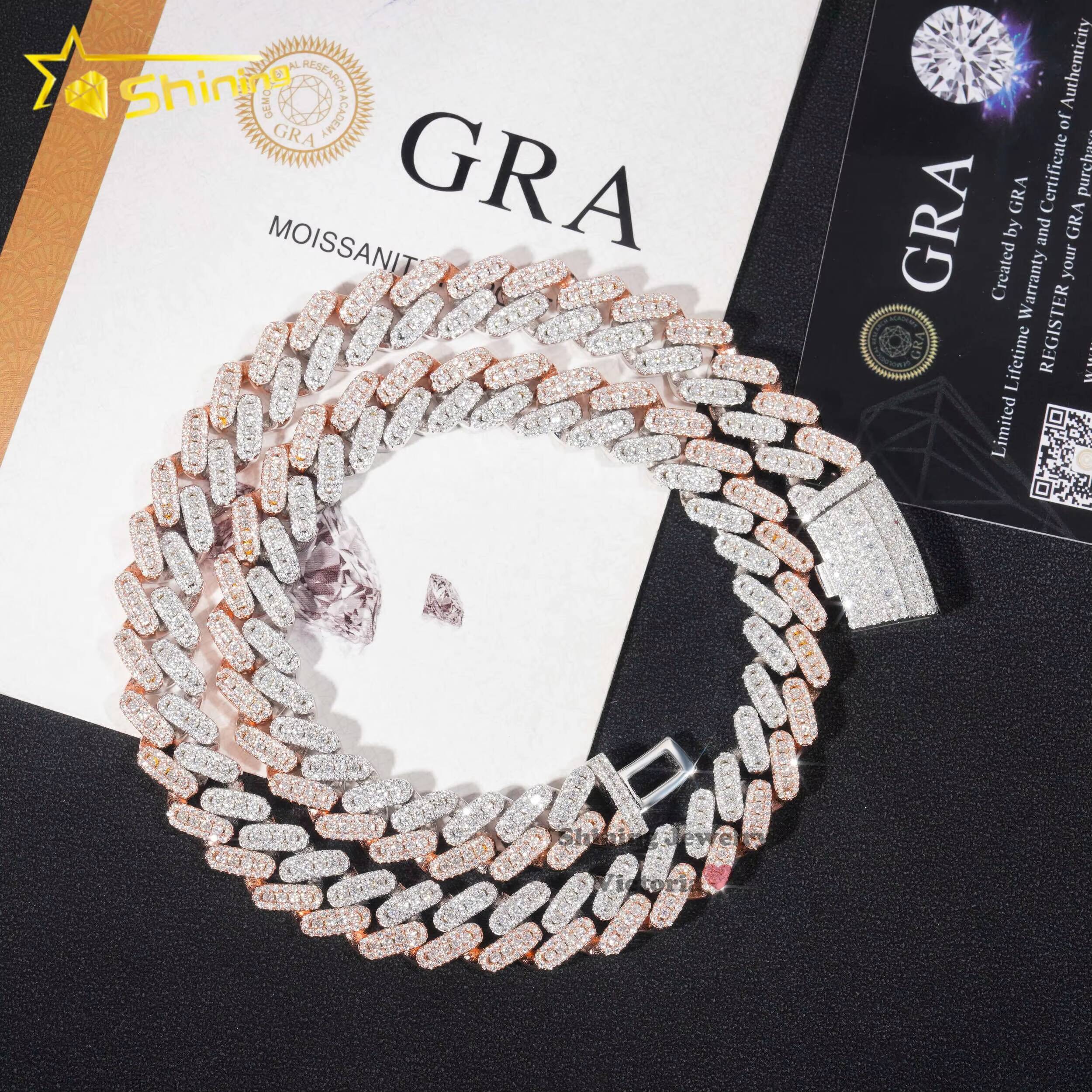Wholesale Price 15mm White Mix Rose Gold 925 Cuban Link Chain Two Tone Hip Hop Jewelry Iced Out Moissanite Cuban Chain Necklace